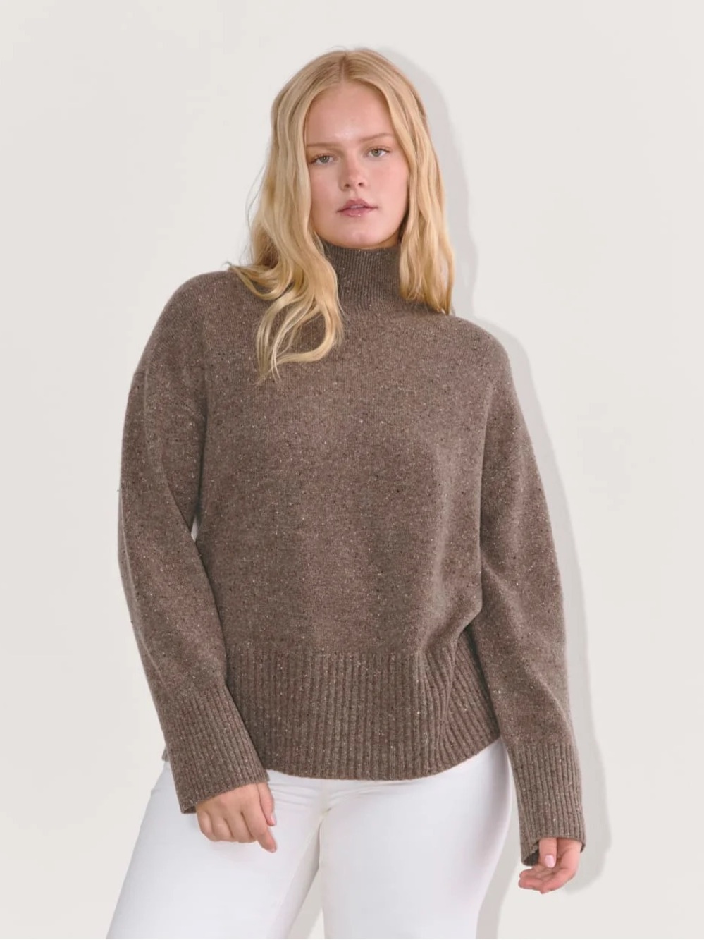 Everlane The Boxy Turtleneck in Cashmere Sweater Taupe Brown Donegal Size: L NWT
